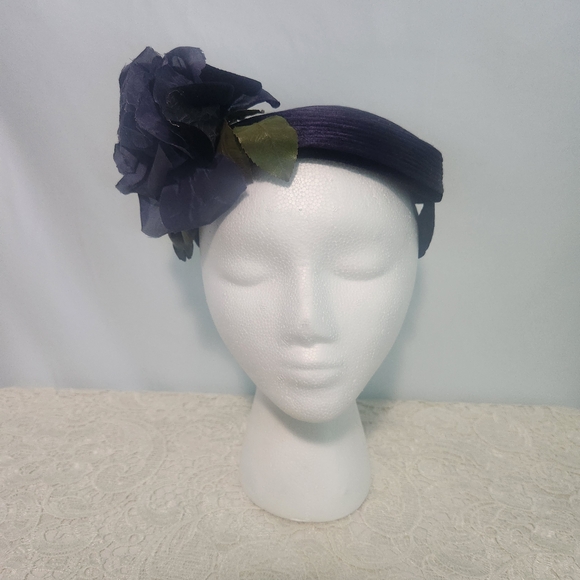 Vintage 1950s/1960s Blue Floral Satin PillBox Cocktail Party Church Hat.